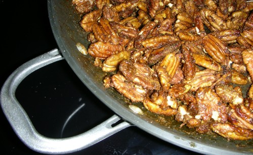 pecans in pan, not quite sugared and spiced enough for me