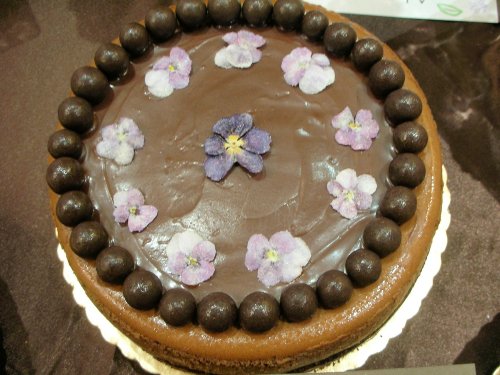The Baking Architecht's Triple chocolate cheesecake, decorated with crystallized pansies