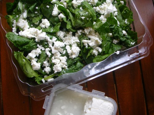 feta crumbled over spinach