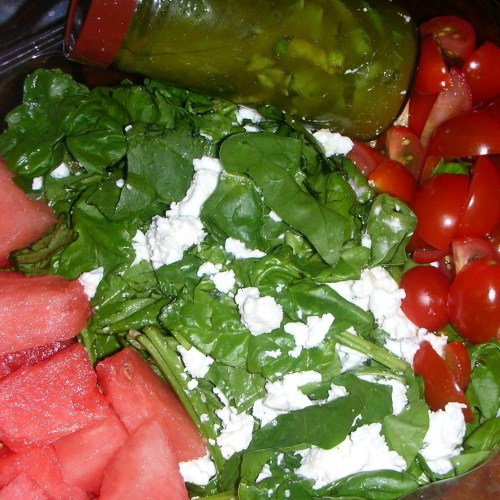 watermelon-feta salad with spinach