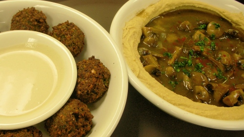 falafel and tehina, hummus pitriot (with mushroom-onion stew)