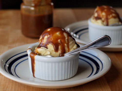 olive oil ice cream with balsamic caramel sauce, side
